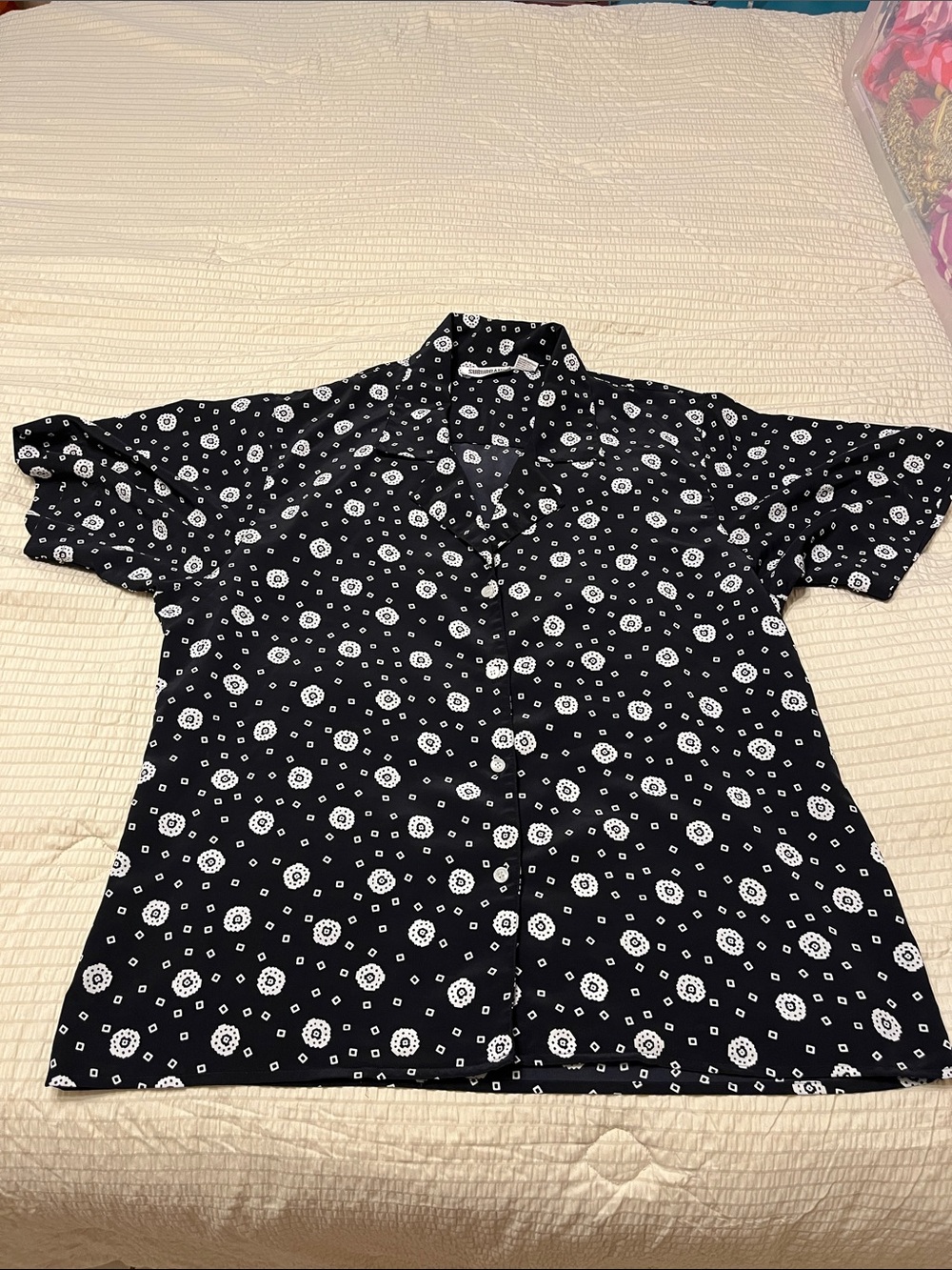 Women's Black Short-Sleeve Button-Down Shirt with White Dot Floral Print